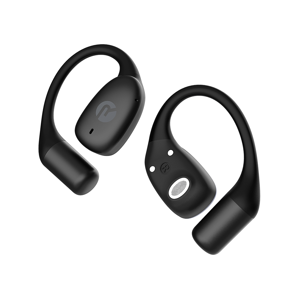 Black wireless earbuds with a sleek design on a black background.